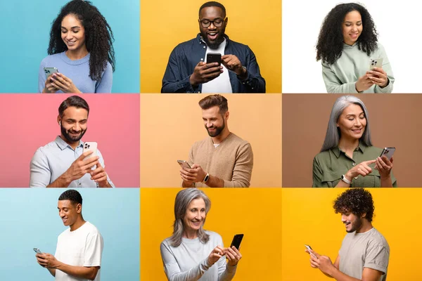 Uppsättning av multiracial människor som använder smartphones isolerade på färg bakgrunder — Stockfoto