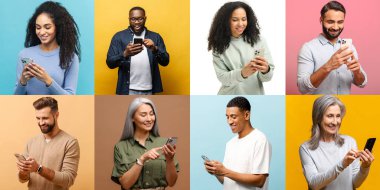 Aletlere bağımlılık. Akıllı telefonları kullanan çok nesilli insanların kolajı