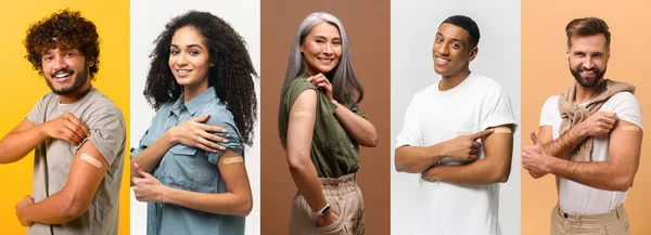 Several portraits in collage with diverse people after vaccination — Stockfoto