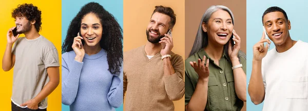 Collage of multi-generations diverse people using smartphones for chatting — Stockfoto