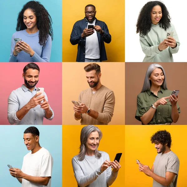 Akıllı telefon kullanan çeşitli insanlarla dolu kalabalık bir ekran, yeni mobil uygulamanın tadını çıkarıyor