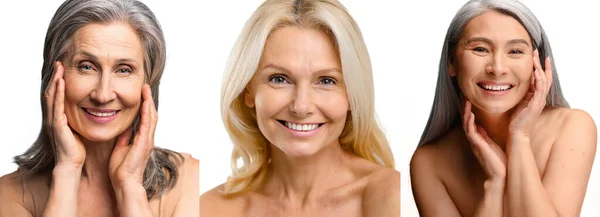 Three close-up portrait of mature women in collage — Stockfoto