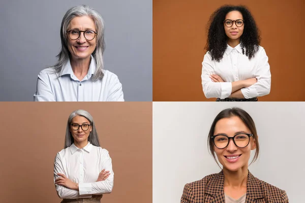 Colagem de quatro funcionários diferentes do escritório do sexo feminino usando o desgaste casual inteligente olhando para a câmera isolada — Fotografia de Stock