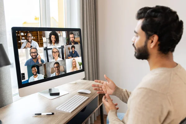 Serious Concentrated Pakistani Male Student Involved Virtual Meeting Webinar Man — Stockfoto