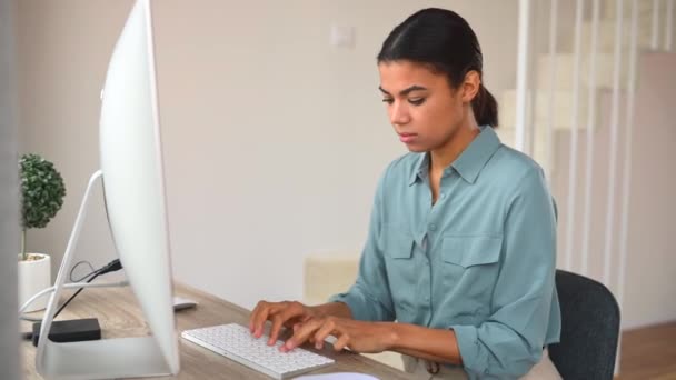 Mixed Race Female Freelancer Student Sitting Couch Feeling Tired Constant — Vídeo de Stock