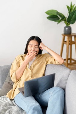 Fazla mesai. Yorgun kadın ofis çalışanının uykuya ya da dinlenmeye ihtiyacı var. Ev bilgisayarı kullanan kadın koltukta otururken esniyor. Sıkıntı ve uykusuzluk hissediyor.