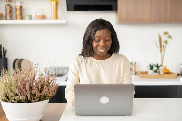 Vista Frontal Relajada Mujer Afroamericana Freelancer Sentada Cocina Usando Computadora —  Fotos de Stock