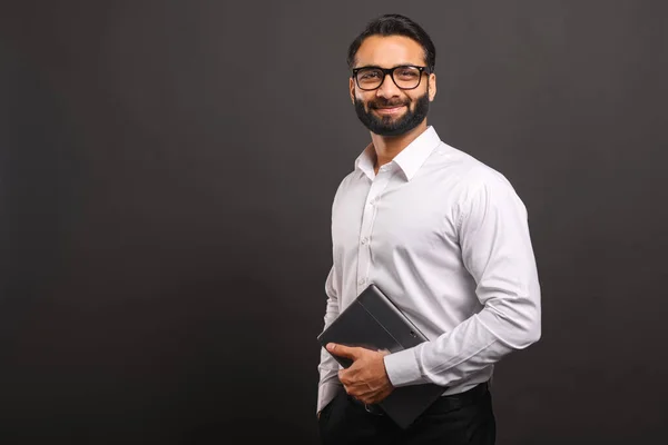 Indian Male Entrepreneur Formal White Shirt Glasses Carrying Laptop Isolated — Stock Photo, Image