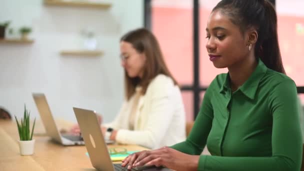 Portrait Smiling African American Businesswoman Female Colleague Working Background Female – Stock-video