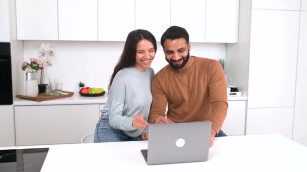 Glad See You Cheerful Smiling Indian Couple Love Sitting Countertop — Stock Video