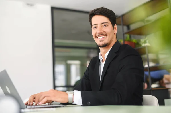 Optimistic Confident Dark Haired Latin Handsome Male Employee Wearing Formal — Photo