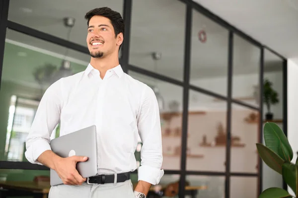 High Skilled Smiling Young Businessman Carrying Laptop Modern Office White — Stockfoto