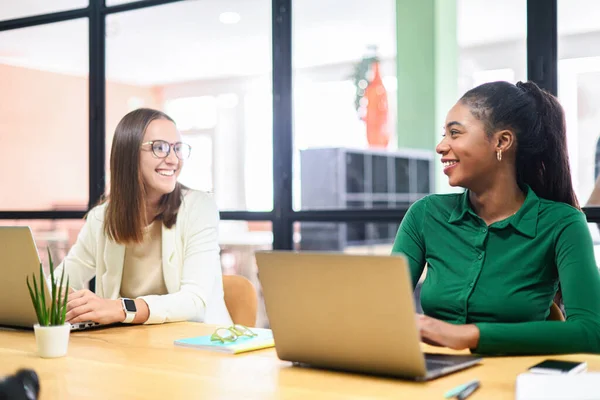 Two Female Colleague Has Pleasant Conversation Sitting Side Side Modern — Stock Photo, Image
