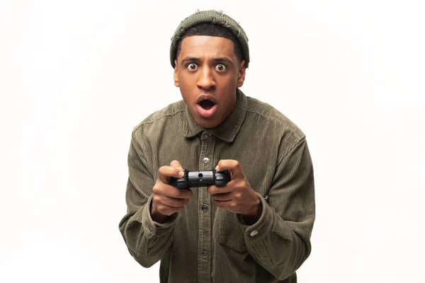 Excited Young Multiracial Man Playing Video Games Looking Camera Surprised — Fotografia de Stock