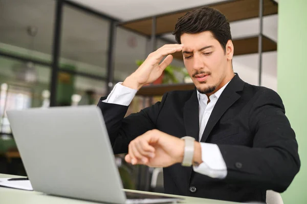 Upset Latin Male Office Employee Looking Watch Checking Time Missed — Fotografia de Stock