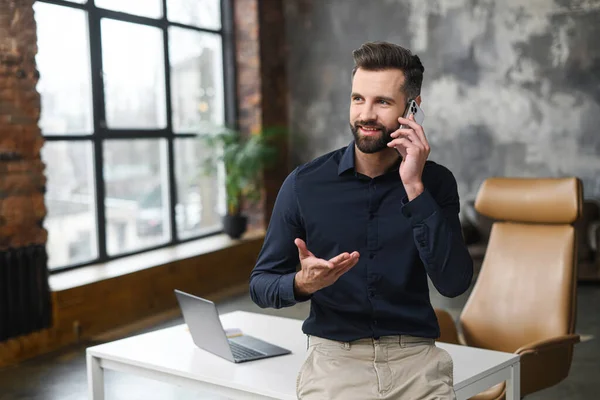 Proud Successful Young Businessman Smart Casual Wear Talking Smartphone Male — Foto de Stock