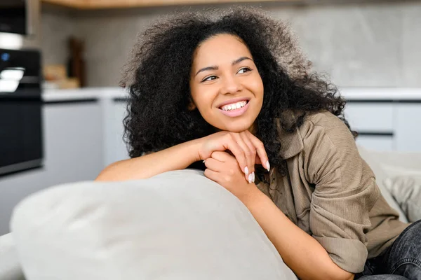 Portrait Multiracial Woman Home Interior Charming Lady Looking Away Smiles — 스톡 사진