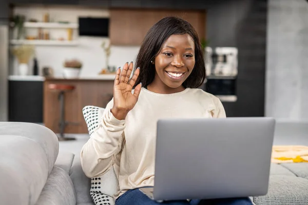 Friendly Young African American Woman Looking Laptop Webcam Waving Hand — Stockfoto
