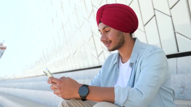 Video Call Concept Hilarious Indian Man Casual Shirt Traditional Headwear — Vídeos de Stock
