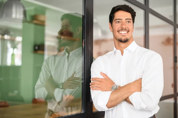 Smiling Latin High Skilled Leader Formal Wear Looks Aside Confident — Fotografia de Stock