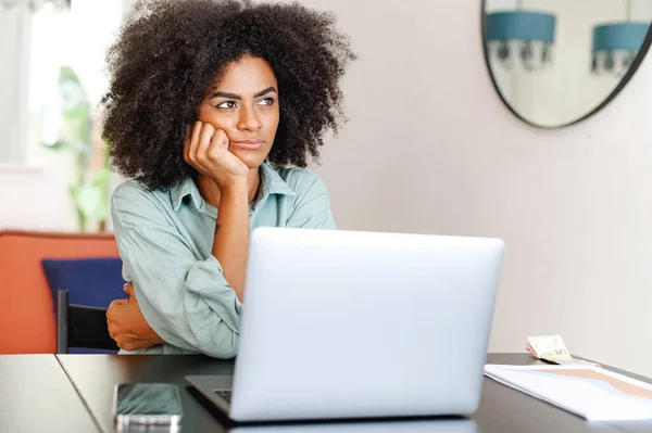 Bored Tired African American Woman Using Laptop Remote Work Sitting — Stok fotoğraf