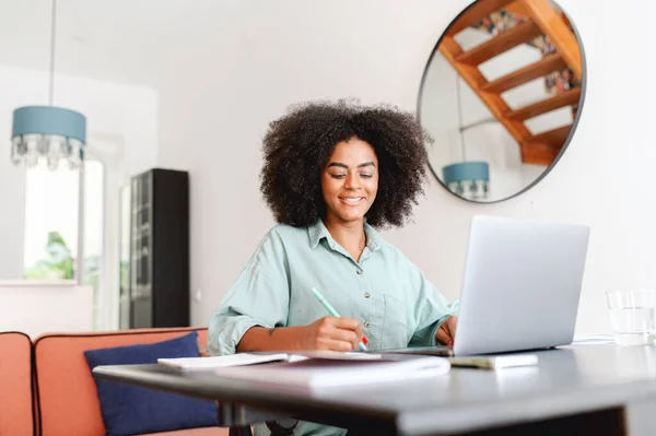 Positive Smart Young Multiracial Smiling Female Student Sitting Table Laptop —  Fotos de Stock