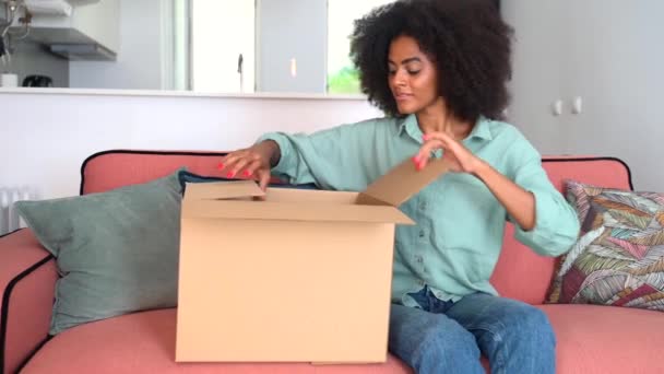 Cheerful Happy Multiracial Woman Unpack Cardboard Box Shipping Sitting Sofa — 图库视频影像