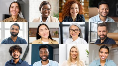 Computer monitor screen with a group of multiracial people, multiracial diverse team works online on the distance vis video call, video meeting. App for virtual conference