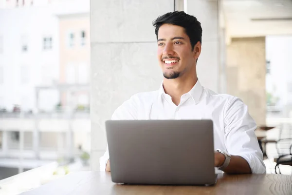 Handsome Young Dark Haired Latin Man White Smart Casual Shirt — Stockfoto