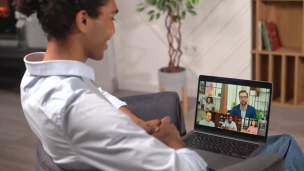 Back View Millennial Guy Greeting Diverse Group Colleagues Friends Taking — Stockvideo