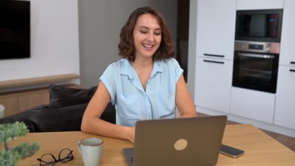 Intelligent Young Female Entrepreneur Sitting Desk Home Office Having Virtual — Stock Video