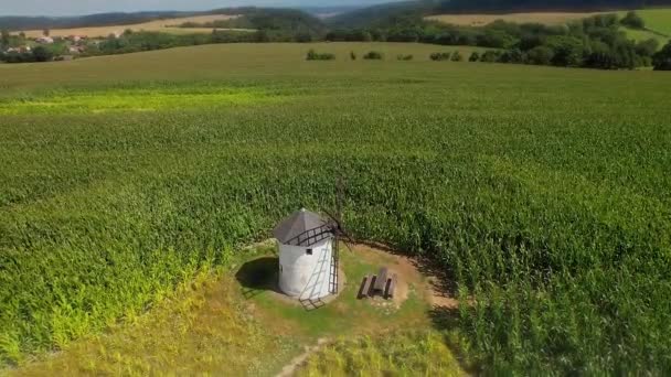 Gammal väderkvarn på fältet. Gammalt stenkvarn med träblad. — Stockvideo