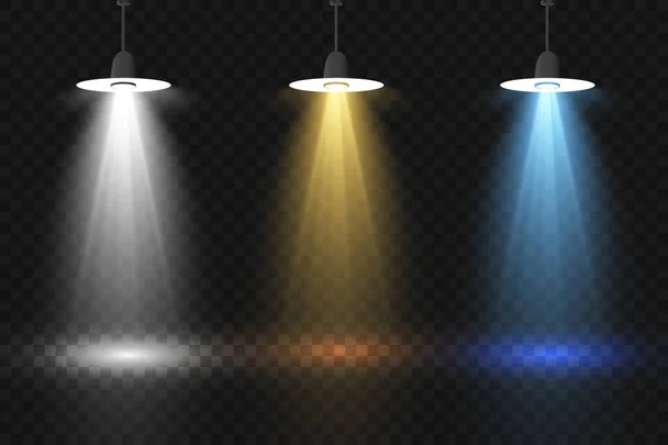 Ensemble de projecteurs colorés sur un fond transparent. Éclairage lumineux avec projecteurs. Projecteur blanc, bleu, jaune. — Image vectorielle