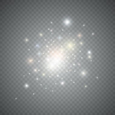 Parlak ışık efektini beyaz kıvılcımlarla ve altın yıldızları özel ışıkla parlat. Beyaz parlayan ışık. Işınlardan gelen yıldız ışığı. Güneş arkadan vuruyor. Parlak güzel yıldız. Güneş ışığı. EPS10