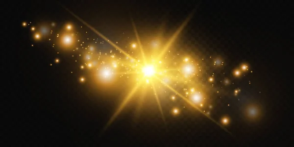 白い火花と金色の星が特別な光で輝く光の効果を設定します 光線からの星の光 太陽がバックライトされています 明るい美しい星 陽射し Eps10 — ストックベクタ