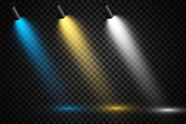 Набор Цветных Прожекторов Прозрачном Фоне Яркое Освещение Прожекторами Spotlight White — стоковый вектор
