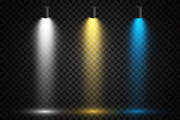 Набір Кольорових Прожекторів Прозорому Фоні Яскраве Освітлення Прожекторами Прожектор Білий — стоковий вектор