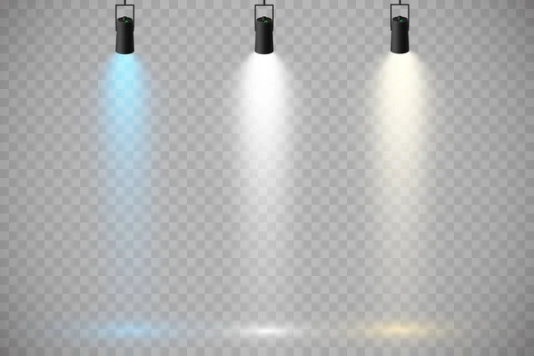 Set Faretti Colorati Sfondo Trasparente Illuminazione Luminosa Con Faretti Riflettori — Vettoriale Stock