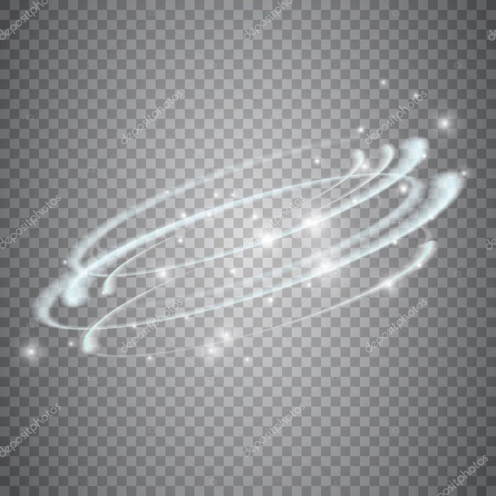 Circular lens flare transparent light effect. Abstract sparkling spark. Ellipse border. Shining shock. Rotational glow line. Power energy element. Glowing ring trace. Round shiny frame. Vector circle.