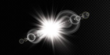 Vektör şeffaf güneş ışığı özel lens ışık efekti. Güneş ışığı ve spot ışıklarıyla parlıyor.