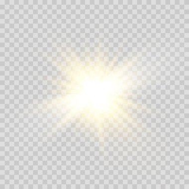 Parlak ışık efektini beyaz kıvılcımlarla ve altın yıldızları özel ışıkla parlat. Beyaz parlayan ışık. Işınlardan gelen yıldız ışığı. Güneş arkadan vuruyor. Parlak güzel yıldız. Güneş ışığı. EPS10