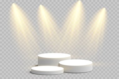 Kalıbı, tasarım platformunu, boş ürünü, beyaz odayı ve yan ışıkları göster. 3B görüntüleme