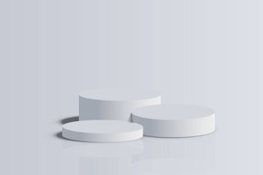 Kalıbı, tasarım platformunu, boş ürünü, beyaz odayı ve yan ışıkları göster. 3B görüntüleme