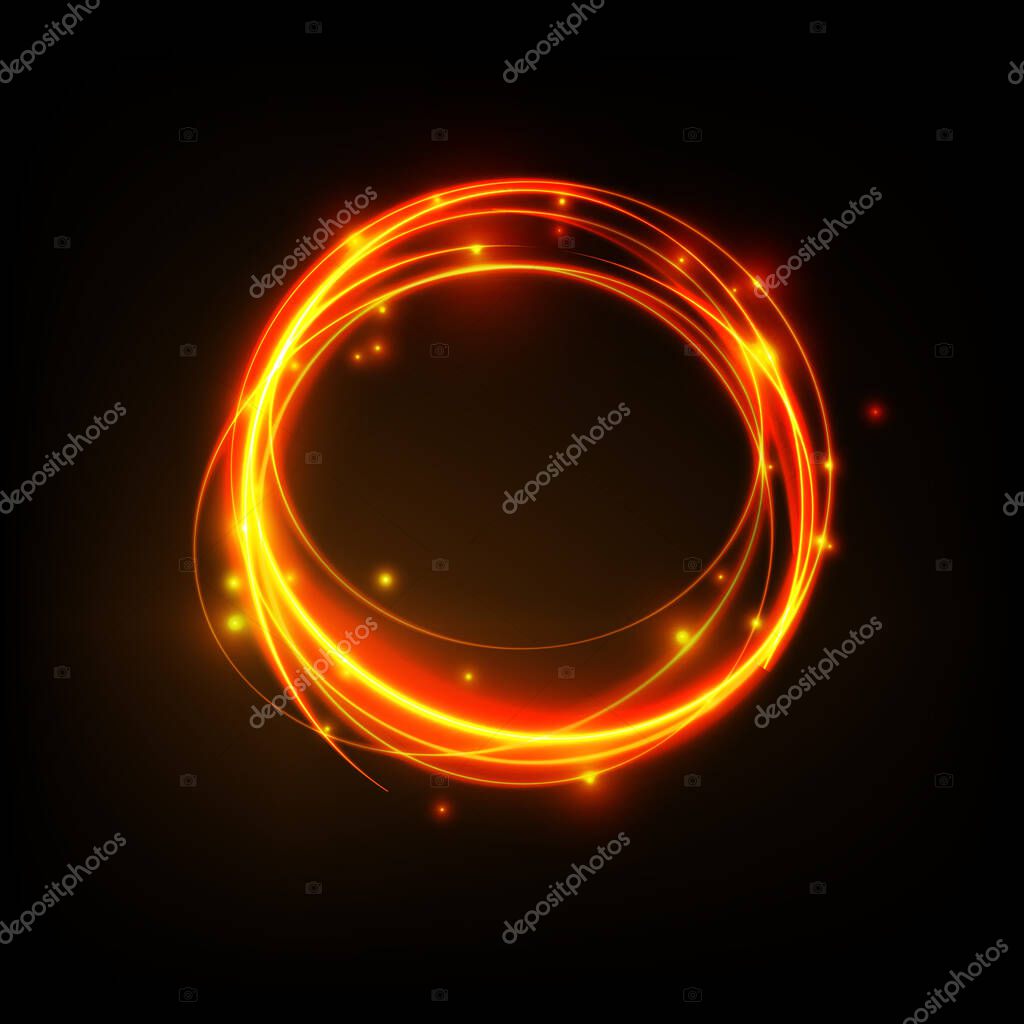 Golden glowing shiny spiral lines effect vector background. EPS10. Abstract light speed motion effect. Shiny wavy trail. Light painting. Light trail. Vector eps10