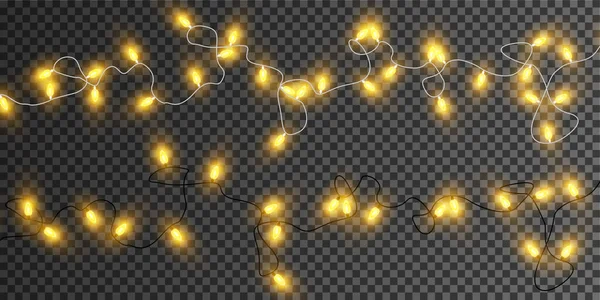 Χριστουγεννιάτικα Φώτα Απομονώνονται Διαφανές Φόντο Σετ Από Χρυσές Χριστουγεννιάτικες Γιρλάντες — Διανυσματικό Αρχείο