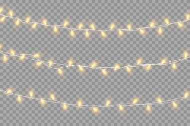 Şeffaf arka planda izole edilmiş Noel ışıkları. Parlayan altın Noel çelenkleri. Vektör illüstrasyonu