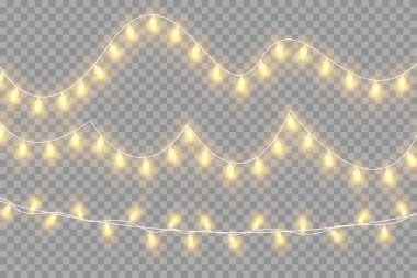 Şeffaf arka planda izole edilmiş Noel ışıkları. Parlayan altın Noel çelenkleri. Vektör illüstrasyonu