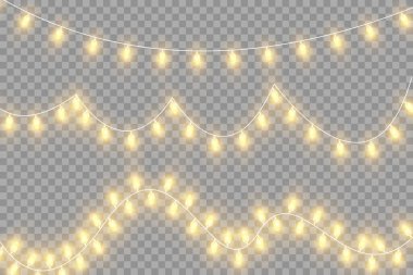 Şeffaf arka planda izole edilmiş Noel ışıkları. Parlayan altın Noel çelenkleri. Vektör illüstrasyonu