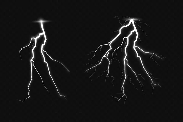 一套闪电魔法和明亮的光效 雷雨与闪电和云彩 矢量图解 放电的电流 充电电流 自然现象 — 图库矢量图片