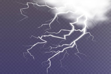 Bir dizi büyülü ve parlak ışık efekti. Yıldırımlı ve bulutlu bir fırtına. Vektör çizimi. Elektrik akımını boşalt. Akım yükle. Doğal olay.